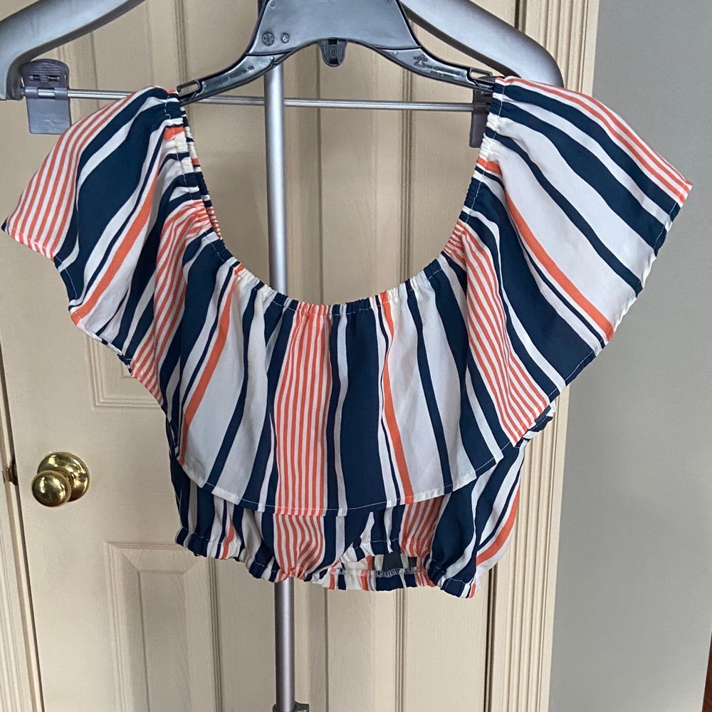 Gypsies & Moondust Navy and Coral Striped Crop Top Size XL